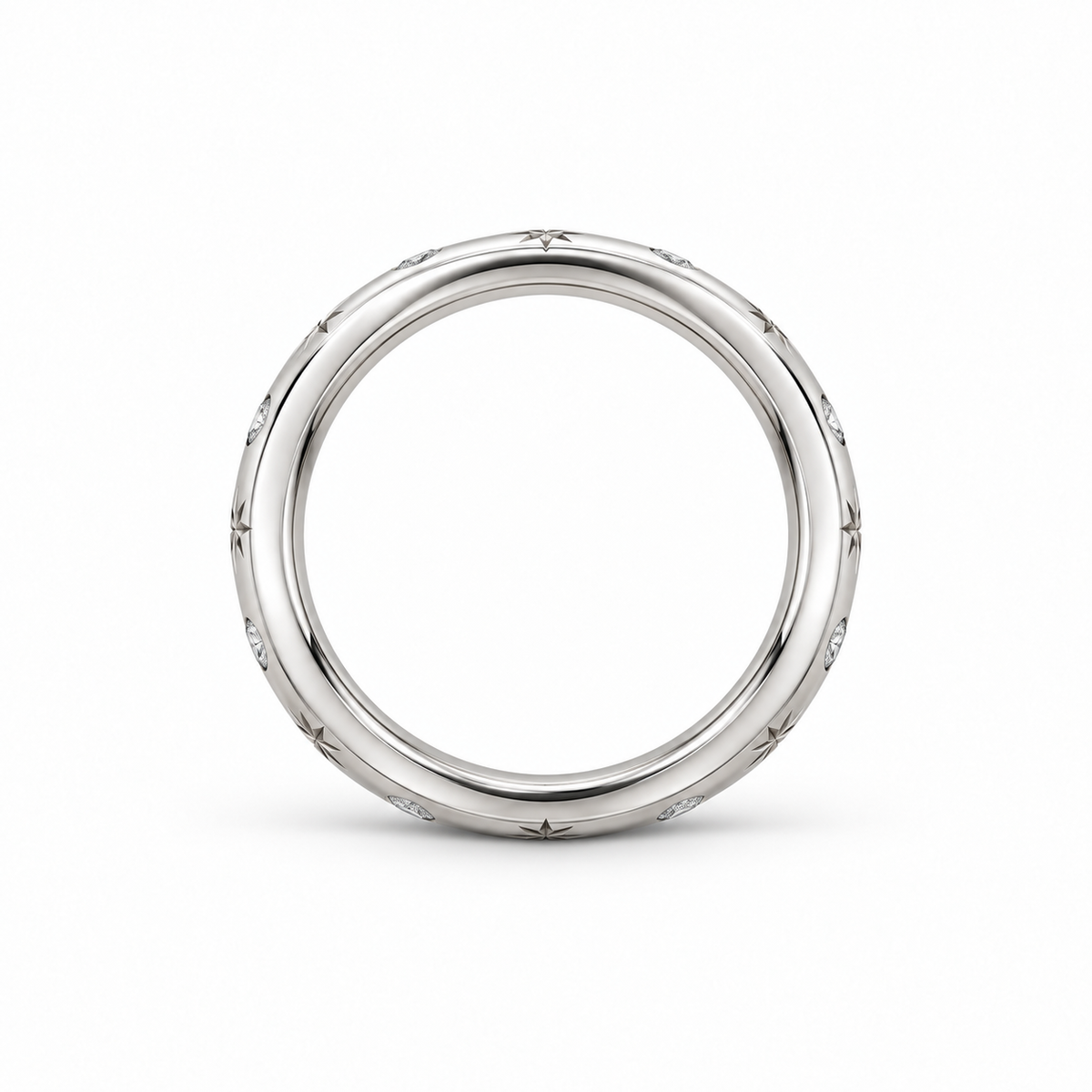 [metal:white-gold] Freya Celestial Ring — top — Star-engraved diamond band, circular elevation studio view [catalog-v4]