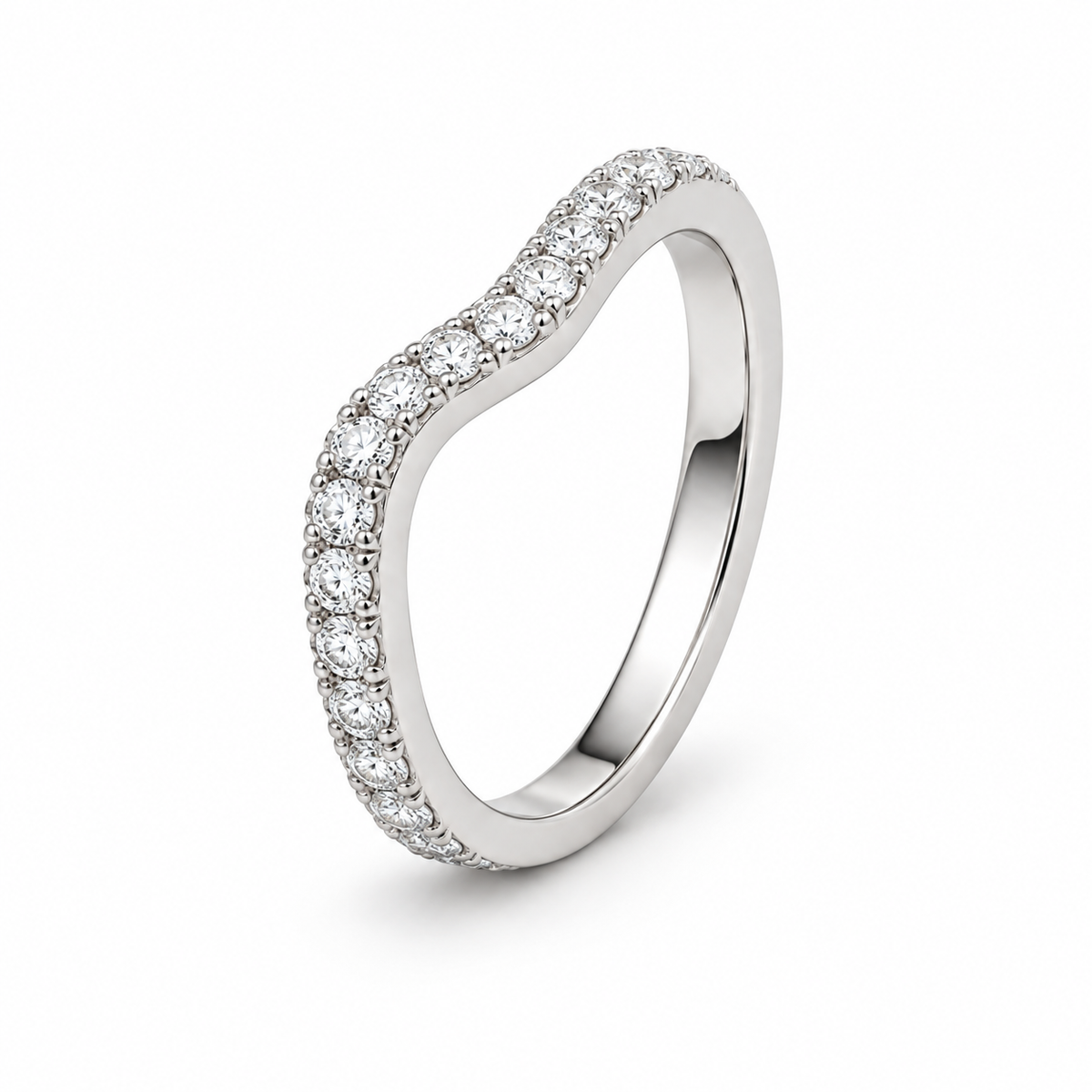 [metal:white-gold] Gabrielle Curved Diamond Ring — three-quarter — Gently curved pavé nesting band, standing oblique studio view [catalog-v4]