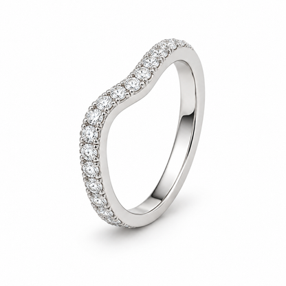 [metal:white-gold] Gabrielle Curved Diamond Ring — three-quarter — Gently curved pavé nesting band, standing oblique studio view [catalog-v4]