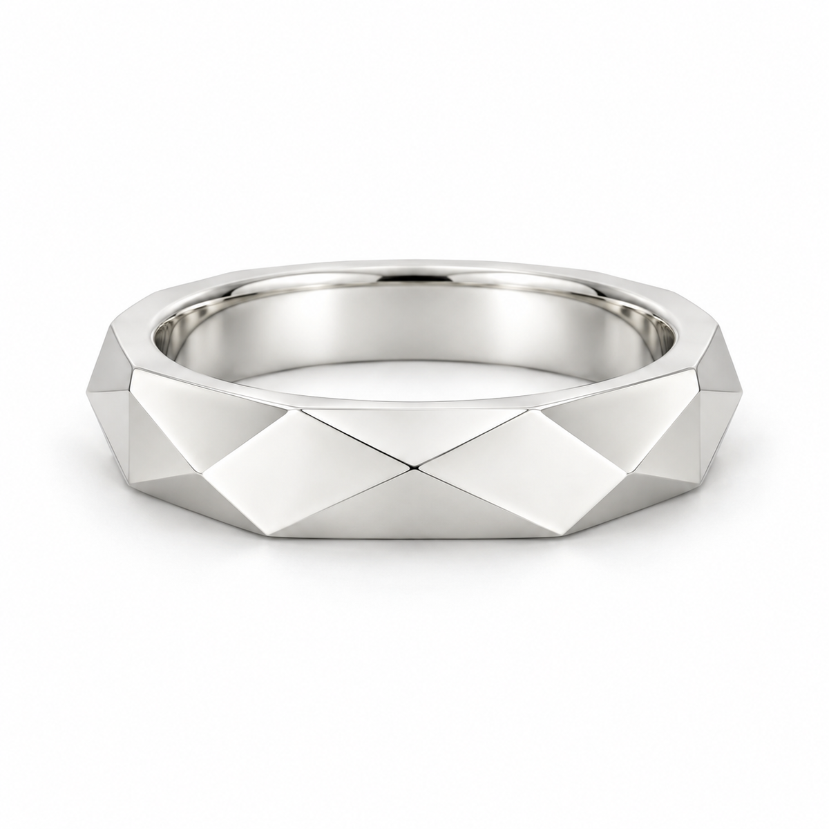 [metal:white-gold] Galatea Geometric Ring — front — Angular faceted band, shallow front studio view [catalog-v4]