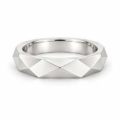 [metal:white-gold] Galatea Geometric Ring — front — Angular faceted band, shallow front studio view [catalog-v4]