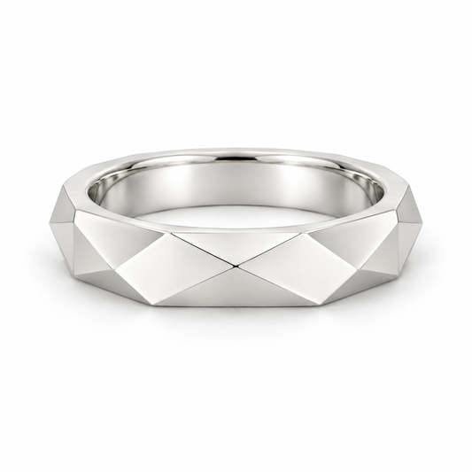 [metal:white-gold] Galatea Geometric Ring — front — Angular faceted band, shallow front studio view [catalog-v4]