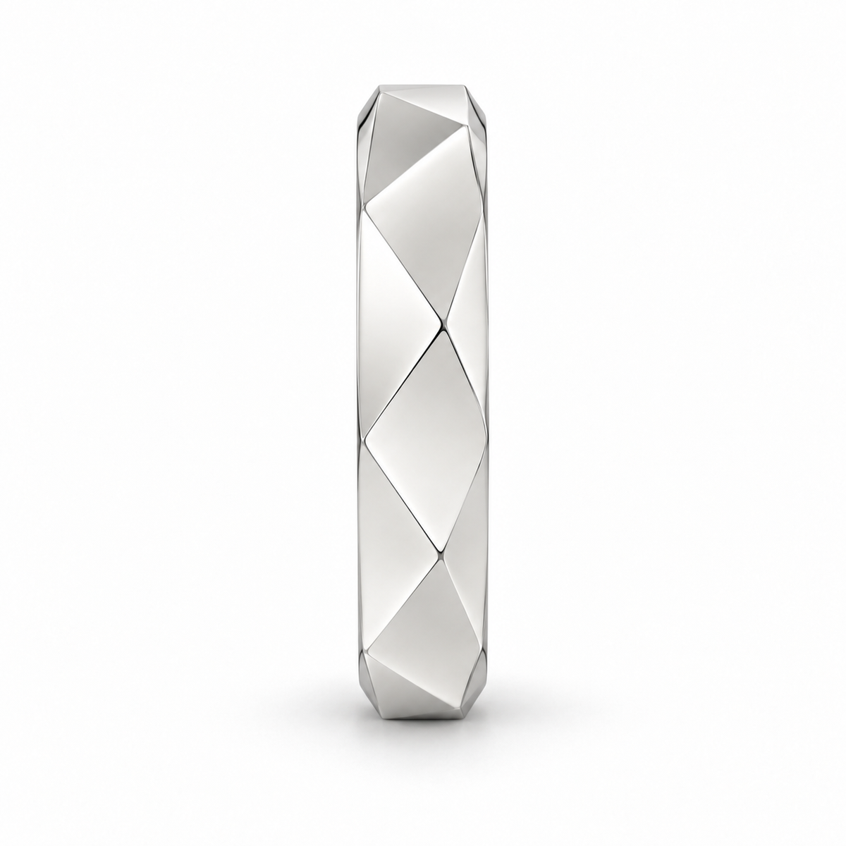 [metal:white-gold] Galatea Geometric Ring — side-profile — Angular faceted band, edge profile studio view [catalog-v4]
