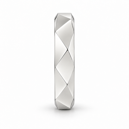 [metal:white-gold] Galatea Geometric Ring — side-profile — Angular faceted band, edge profile studio view [catalog-v4]