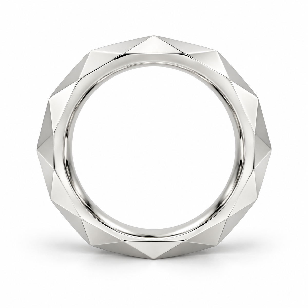 [metal:white-gold] Galatea Geometric Ring — top — Angular faceted band, circular elevation studio view [catalog-v4]