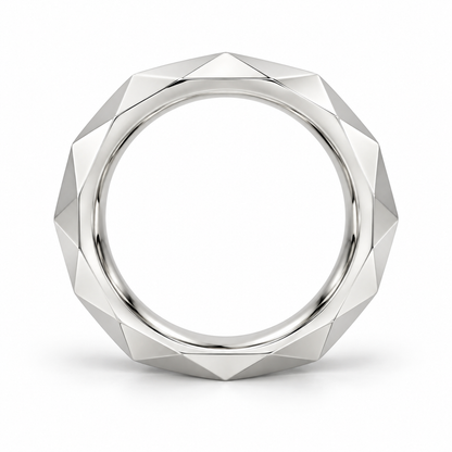 [metal:white-gold] Galatea Geometric Ring — top — Angular faceted band, circular elevation studio view [catalog-v4]