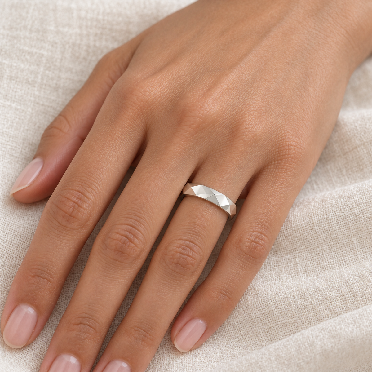 [metal:all] Galatea Geometric Ring — worn — Human-worn styling illustration [catalog-v4]