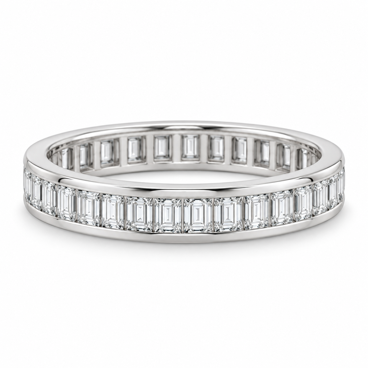 [metal:white-gold] Giselle Baguette Eternity Ring — front — Channel baguette eternity ring, shallow front studio view [catalog-v4]
