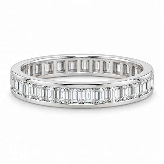 [metal:white-gold] Giselle Baguette Eternity Ring — front — Channel baguette eternity ring, shallow front studio view [catalog-v4]