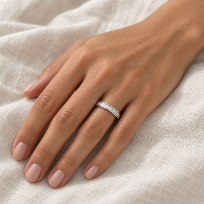 [metal:all] Giselle Baguette Eternity Ring — worn — Human-worn styling illustration [catalog-v4]