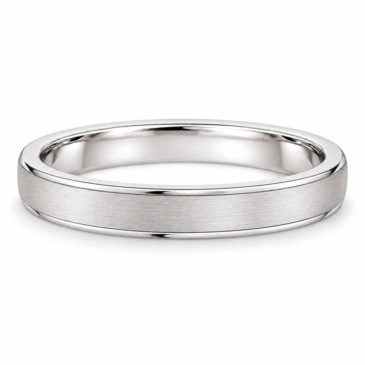 [metal:white-gold] Helene Brushed Band — front — Brushed band with polished edges, shallow front studio view [catalog-v4]