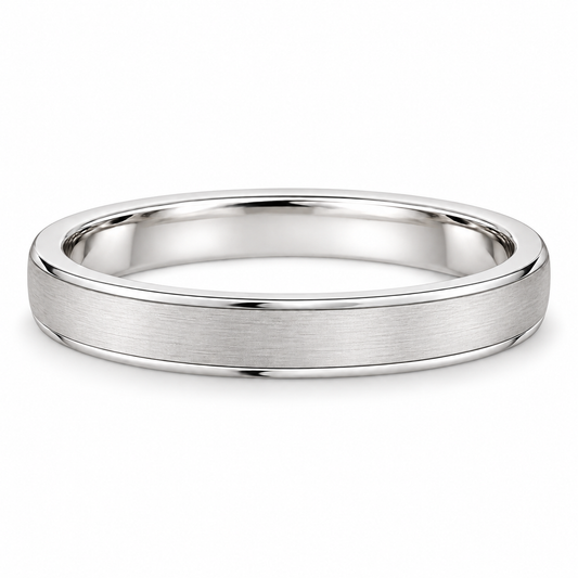 [metal:white-gold] Helene Brushed Band — front — Brushed band with polished edges, shallow front studio view [catalog-v4]