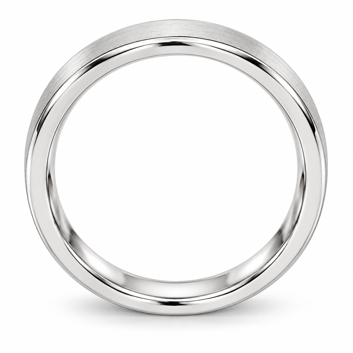 [metal:white-gold] Helene Brushed Band — top — Brushed band with polished edges, circular elevation studio view [catalog-v4]