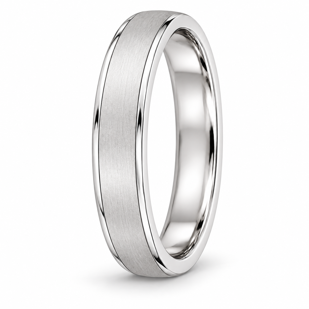 [metal:white-gold] Helene Brushed Band — three-quarter — Brushed band with polished edges, standing oblique studio view [catalog-v4]