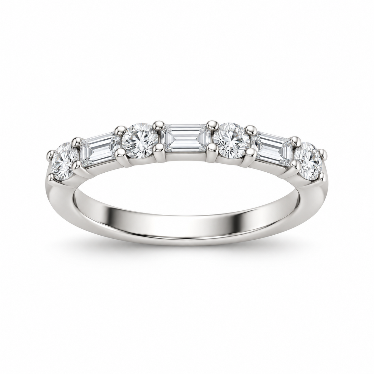 [metal:white-gold] Henriette Baguette Ring — front — Alternating baguette and round diamond band, shallow front studio view [catalog-v4]