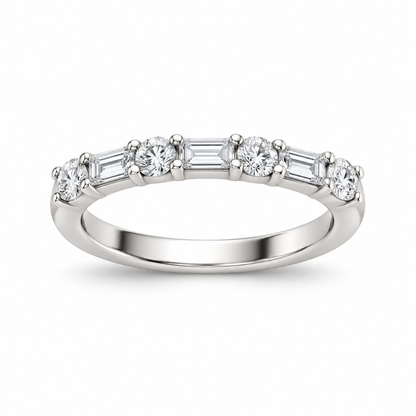 [metal:white-gold] Henriette Baguette Ring — front — Alternating baguette and round diamond band, shallow front studio view [catalog-v4]