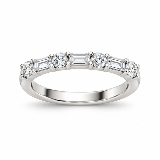 [metal:white-gold] Henriette Baguette Ring — front — Alternating baguette and round diamond band, shallow front studio view [catalog-v4]