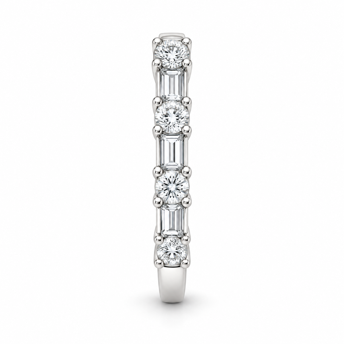 [metal:white-gold] Henriette Baguette Ring — side-profile — Alternating baguette and round diamond band, edge profile studio view [catalog-v4]