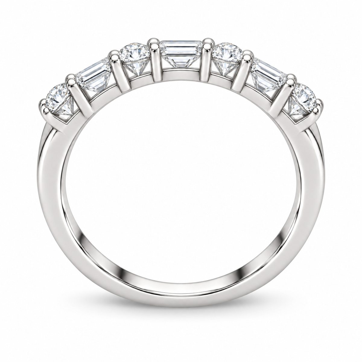 [metal:white-gold] Henriette Baguette Ring — top — Alternating baguette and round diamond band, circular elevation studio view [catalog-v4]