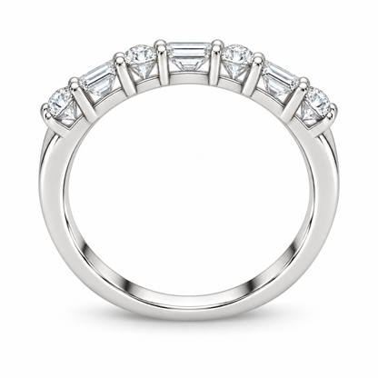 [metal:white-gold] Henriette Baguette Ring — top — Alternating baguette and round diamond band, circular elevation studio view [catalog-v4]