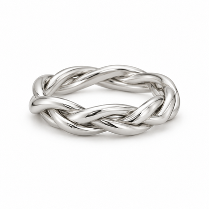 [metal:white-gold] Hestia Braided Ring — front — Three-strand braided band, shallow front studio view [catalog-v4]