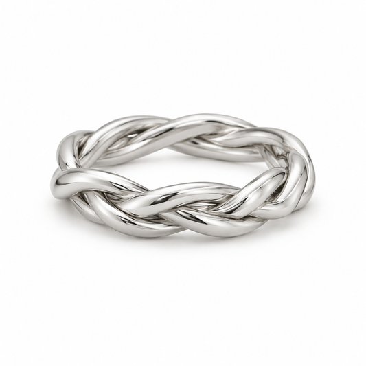 [metal:white-gold] Hestia Braided Ring — front — Three-strand braided band, shallow front studio view [catalog-v4]