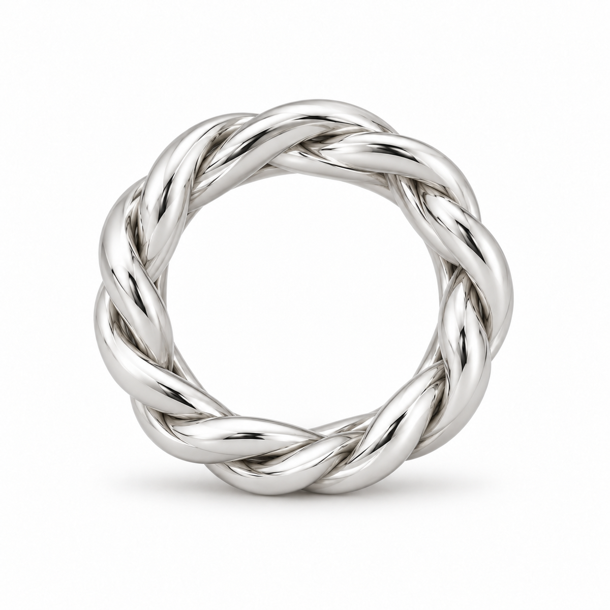 [metal:white-gold] Hestia Braided Ring — top — Three-strand braided band, circular elevation studio view [catalog-v4]
