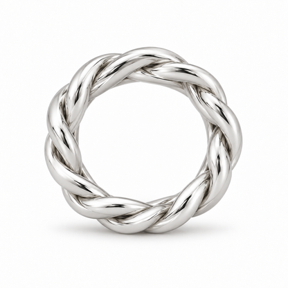 [metal:white-gold] Hestia Braided Ring — top — Three-strand braided band, circular elevation studio view [catalog-v4]