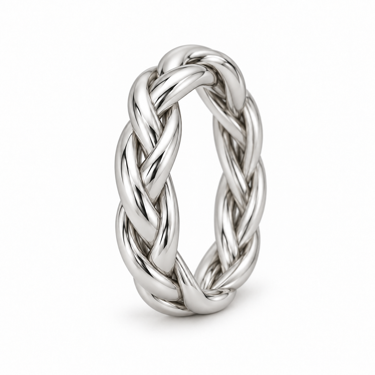 [metal:white-gold] Hestia Braided Ring — three-quarter — Three-strand braided band, standing oblique studio view [catalog-v4]