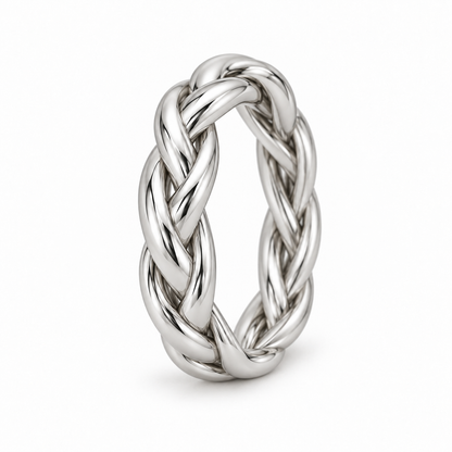 [metal:white-gold] Hestia Braided Ring — three-quarter — Three-strand braided band, standing oblique studio view [catalog-v4]