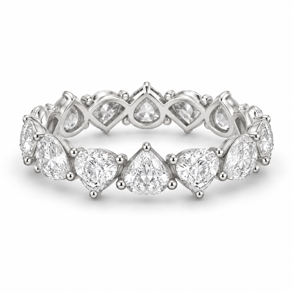 [metal:white-gold] Honora Pear Eternity Ring — front — Alternating pear diamond eternity ring, shallow front studio view [catalog-v4]