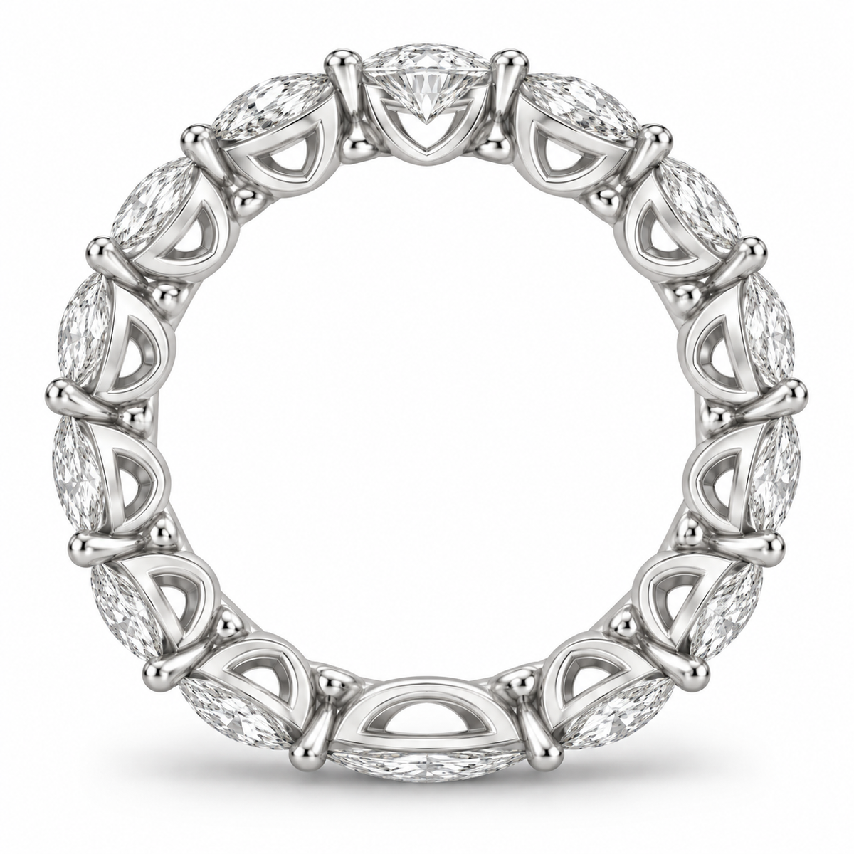 [metal:white-gold] Honora Pear Eternity Ring — top — Alternating pear diamond eternity ring, circular elevation studio view [catalog-v4]