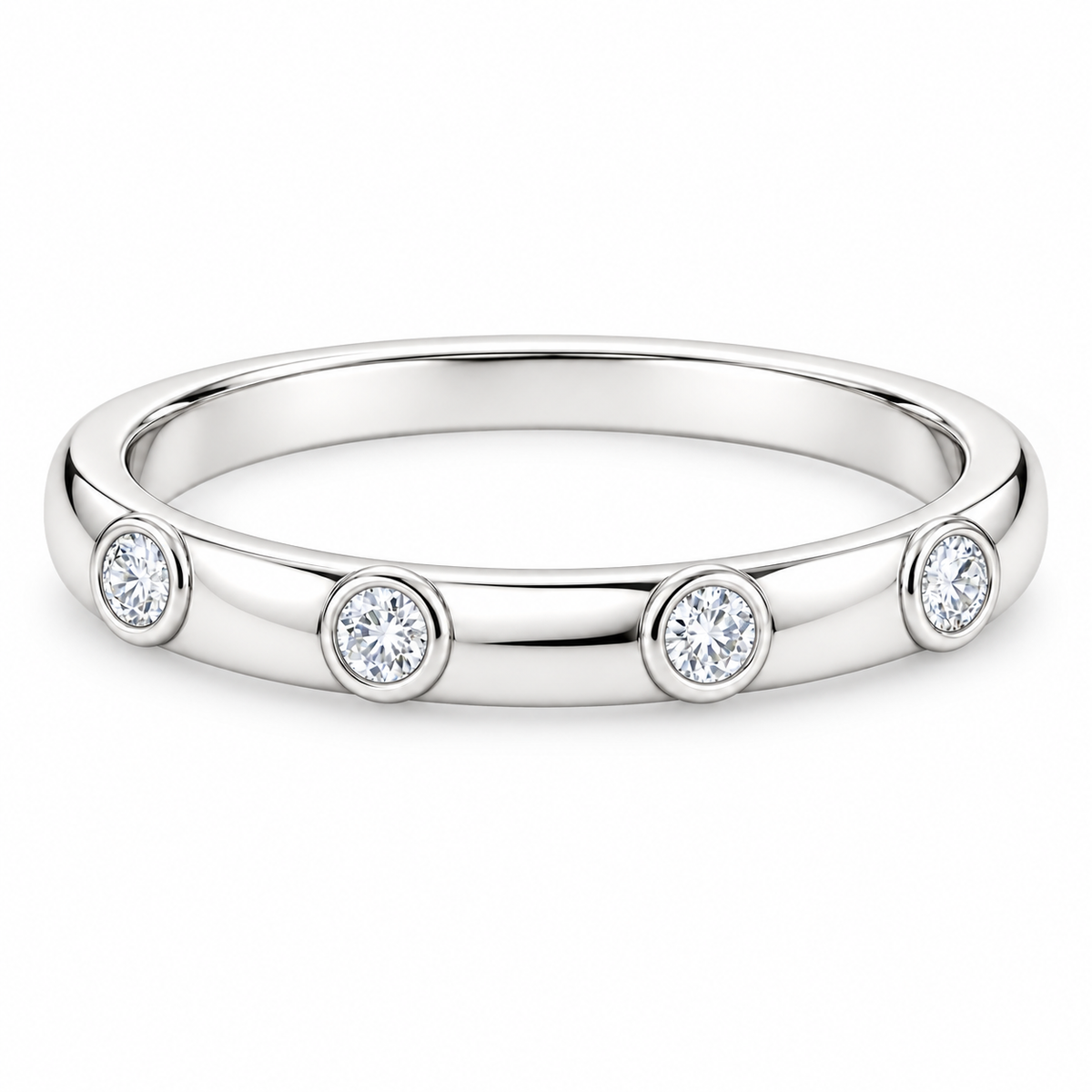 [metal:white-gold] Iliana Bezel Diamond Ring — front — Spaced round bezel diamond band, shallow front studio view [catalog-v4]