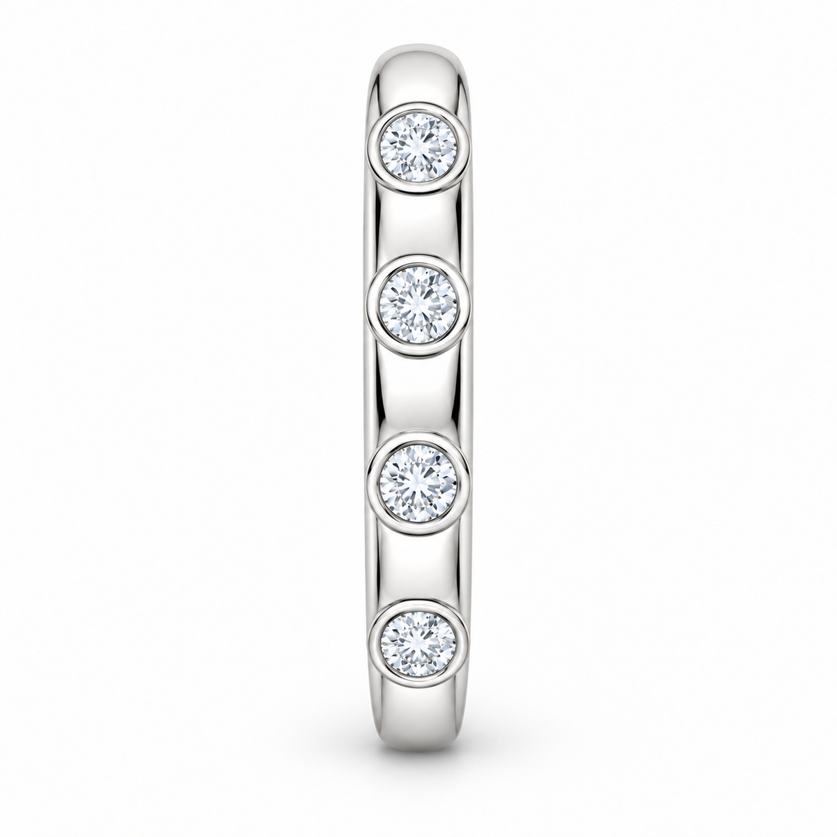 [metal:white-gold] Iliana Bezel Diamond Ring — side-profile — Spaced round bezel diamond band, edge profile studio view [catalog-v4]