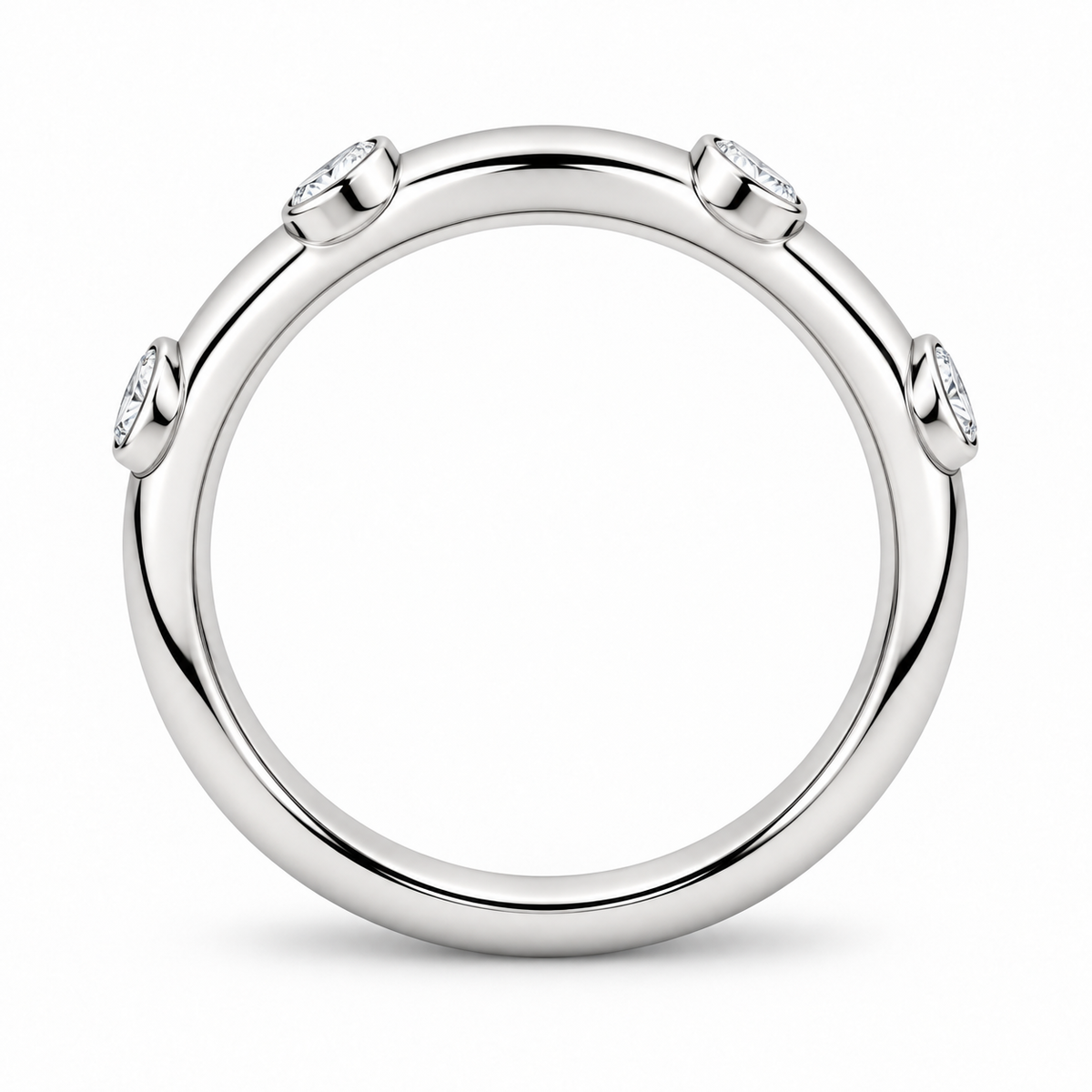 [metal:white-gold] Iliana Bezel Diamond Ring — top — Spaced round bezel diamond band, circular elevation studio view [catalog-v4]