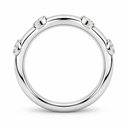 [metal:white-gold] Iliana Bezel Diamond Ring — top — Spaced round bezel diamond band, circular elevation studio view [catalog-v4]