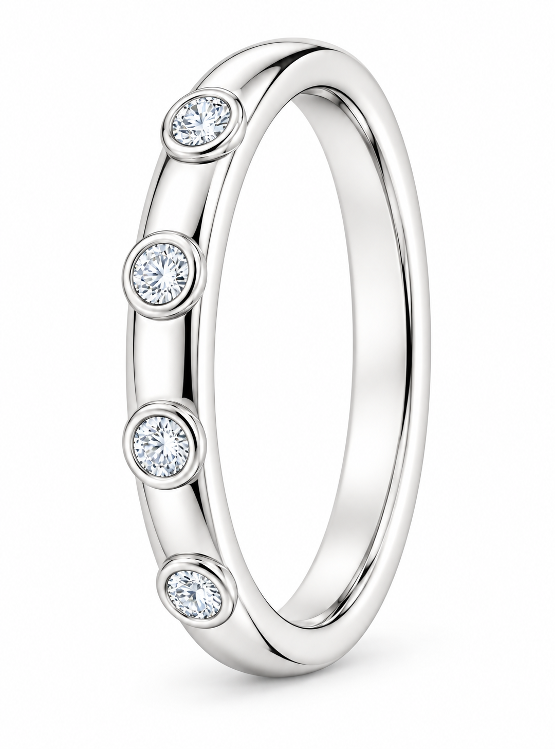 [metal:white-gold] Iliana Bezel Diamond Ring — three-quarter — Spaced round bezel diamond band, standing oblique studio view [catalog-v4]