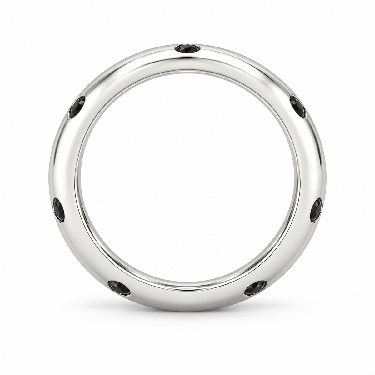 [metal:white-gold] Ione Black Diamond Ring — top — Flush-set black diamond band, circular elevation studio view [catalog-v4]