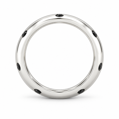 [metal:white-gold] Ione Black Diamond Ring — top — Flush-set black diamond band, circular elevation studio view [catalog-v4]