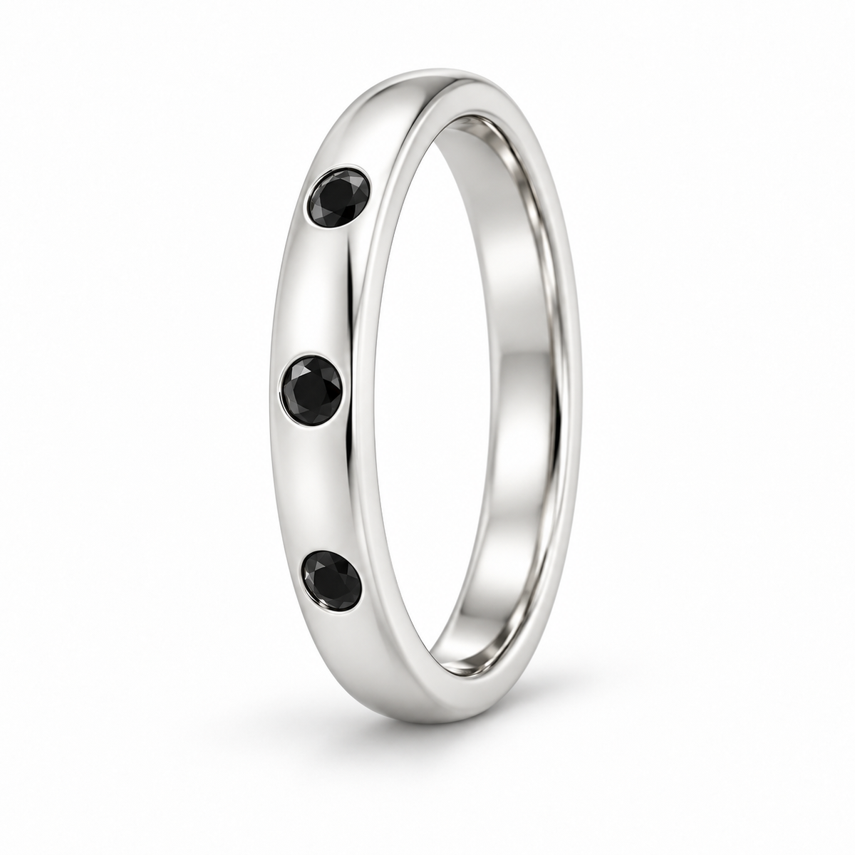 [metal:white-gold] Ione Black Diamond Ring — three-quarter — Flush-set black diamond band, standing oblique studio view [catalog-v4]