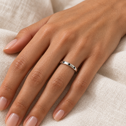 [metal:all] Ione Black Diamond Ring — worn — Human-worn styling illustration [catalog-v4]