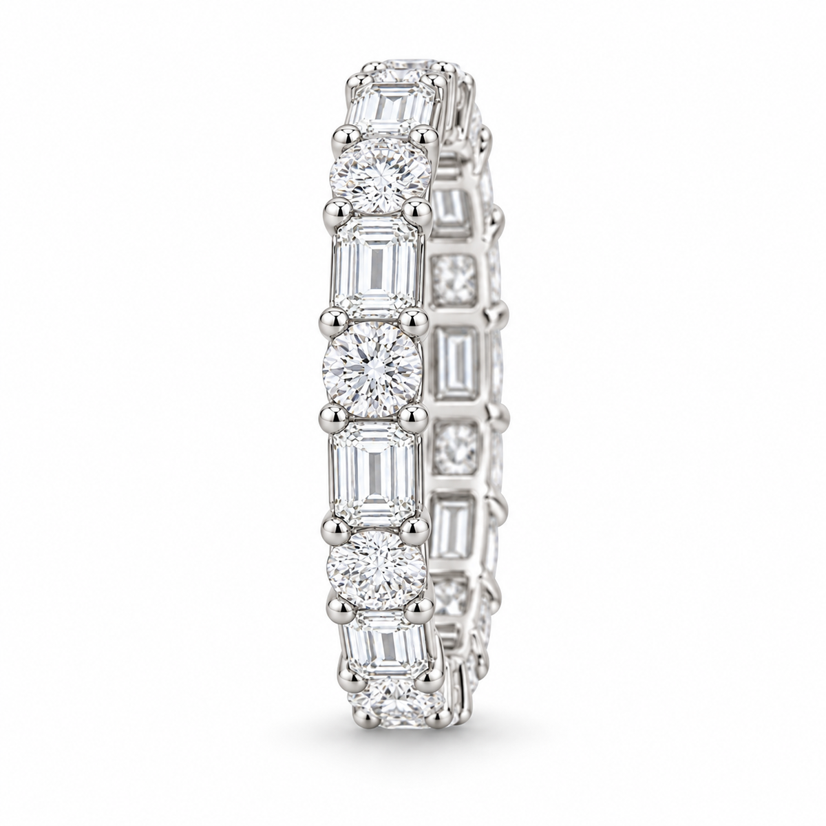 [metal:white-gold] Iris Mixed-Cut Eternity Ring — side-profile — Mixed-cut diamond eternity ring, edge profile studio view [catalog-v4]