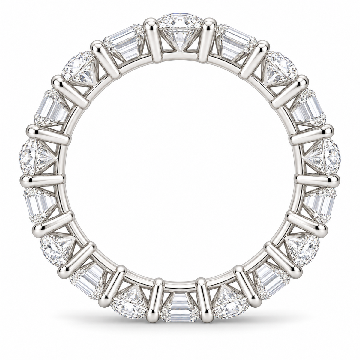 [metal:white-gold] Iris Mixed-Cut Eternity Ring — top — Mixed-cut diamond eternity ring, circular elevation studio view [catalog-v4]