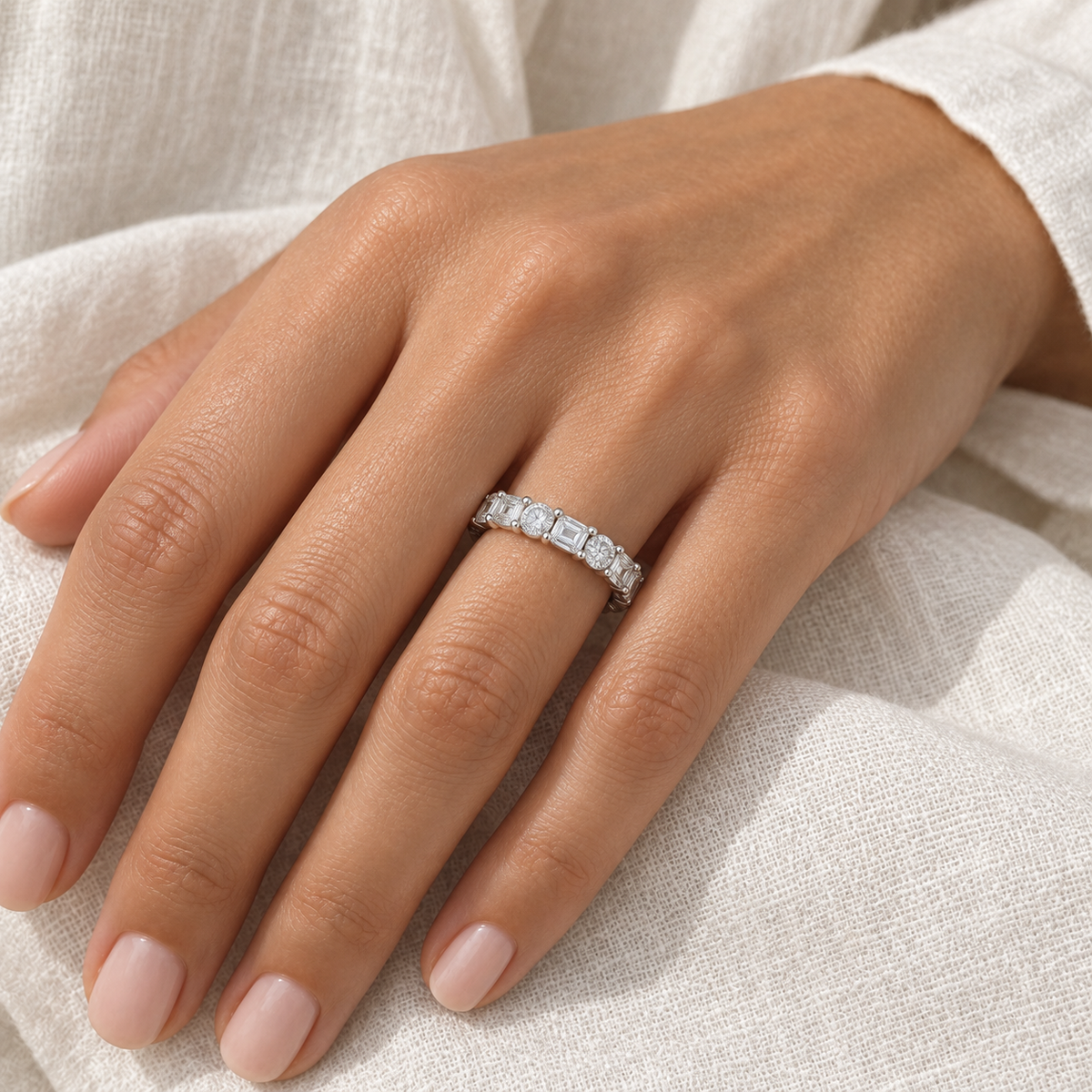 [metal:all] Iris Mixed-Cut Eternity Ring — worn — Human-worn styling illustration [catalog-v4]