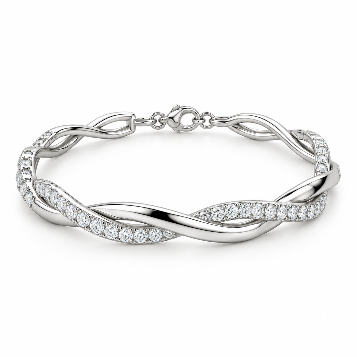 [metal:white-gold] Isadora Twist Bracelet — front — Intertwined polished and pavé bracelet, low oblique studio view [catalog-v4]