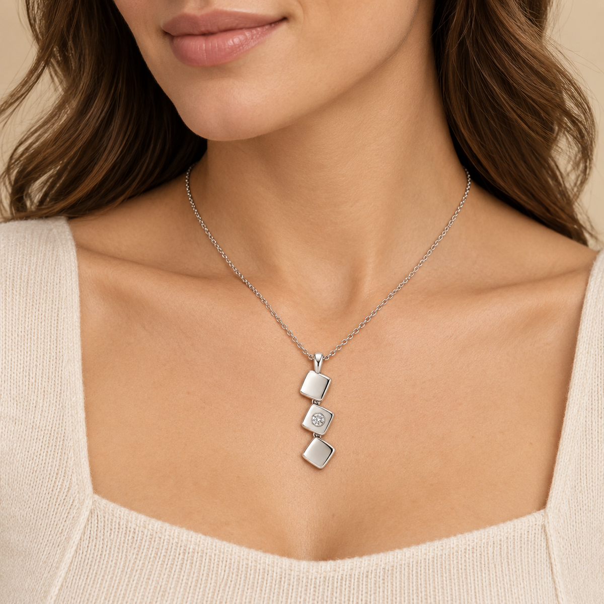 [metal:white-gold] Iserelle Offset Tile Necklace — worn — Same design shown worn [catalog-v4]