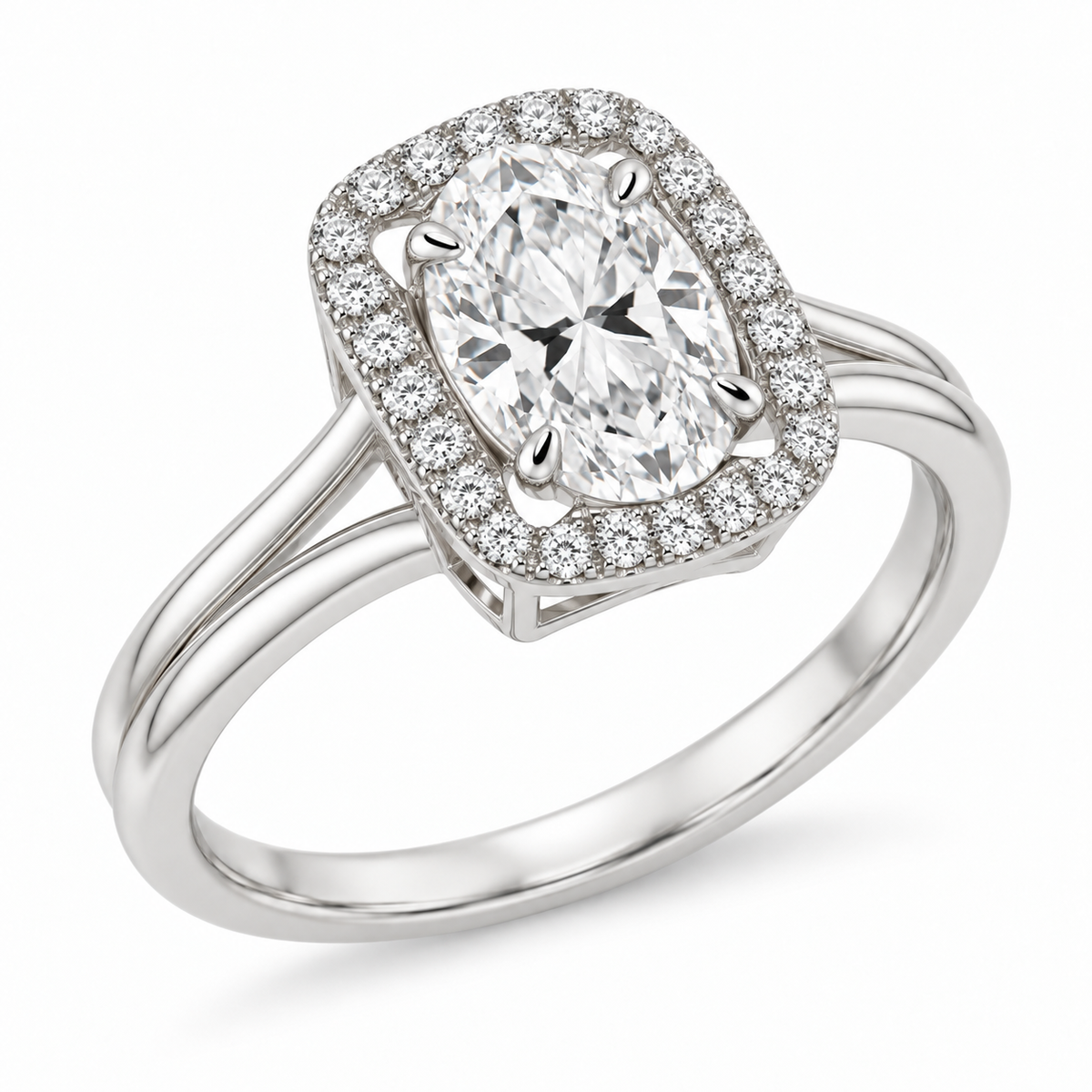 [metal:white-gold] Ivelle Open-Cushion Halo Setting — three-quarter — Original setting design illustration [catalog-v4]