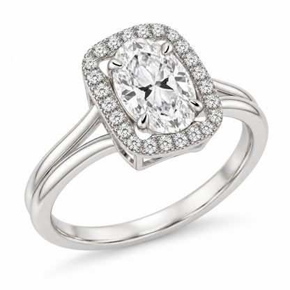 [metal:white-gold] Ivelle Open-Cushion Halo Setting — three-quarter — Original setting design illustration [catalog-v4]