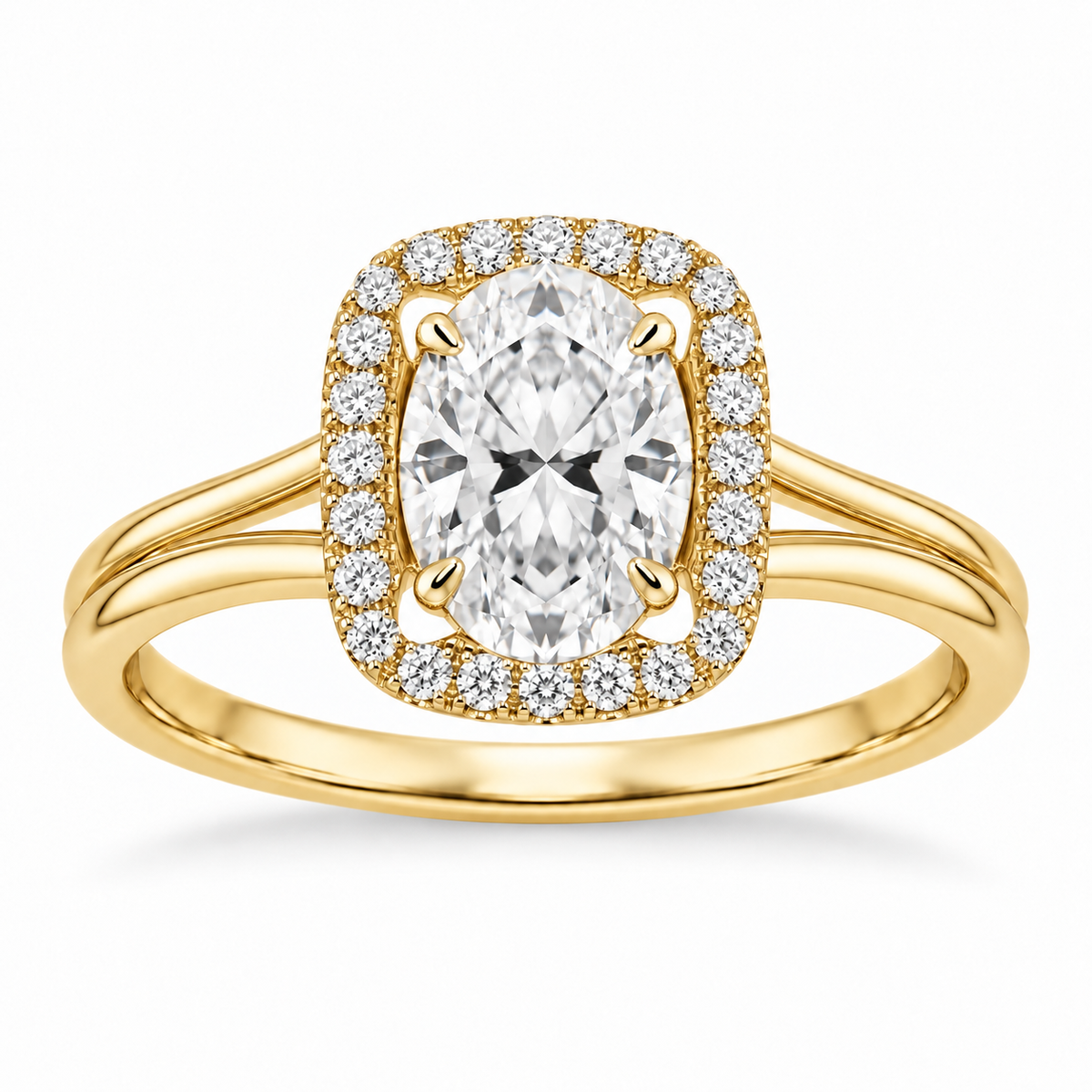 [metal:yellow-gold] Ivelle Open-Cushion Halo Setting — front — Original setting design illustration [catalog-v4]