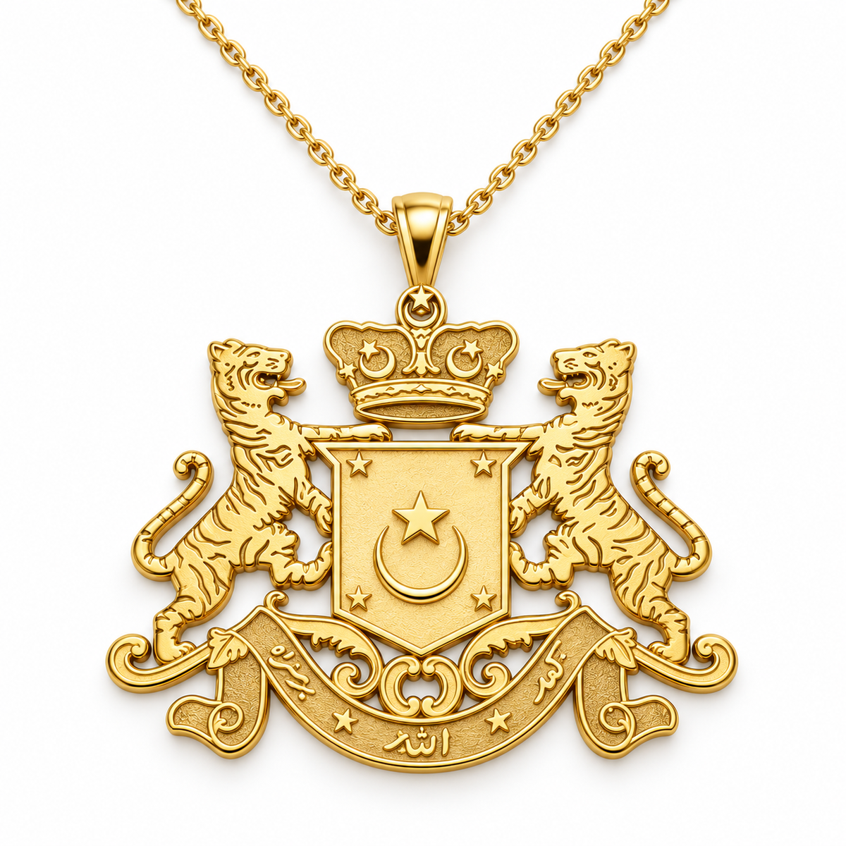 Johor Emblem Pendant — front, yellow gold; any chain shown is an optional styling accessory